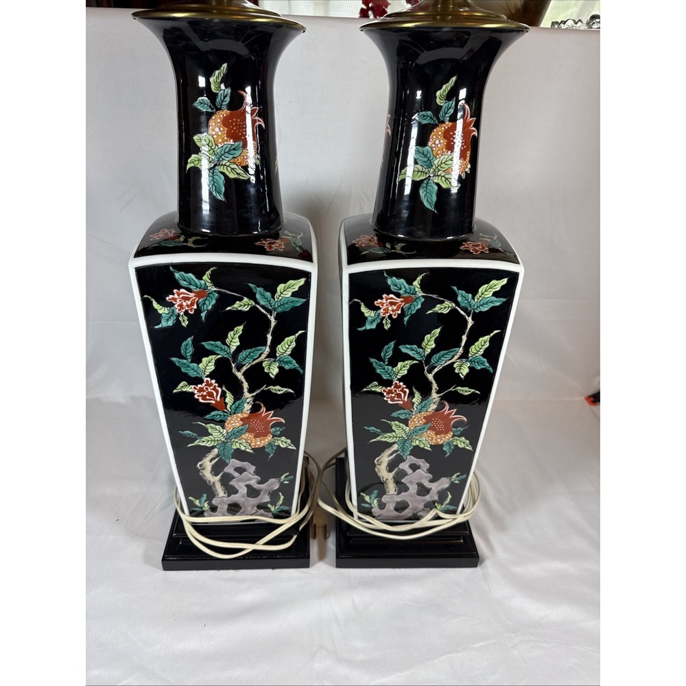 Pair Vintage Famille Noire Style Porcelain Table Lamps Oriental Brass Base Black